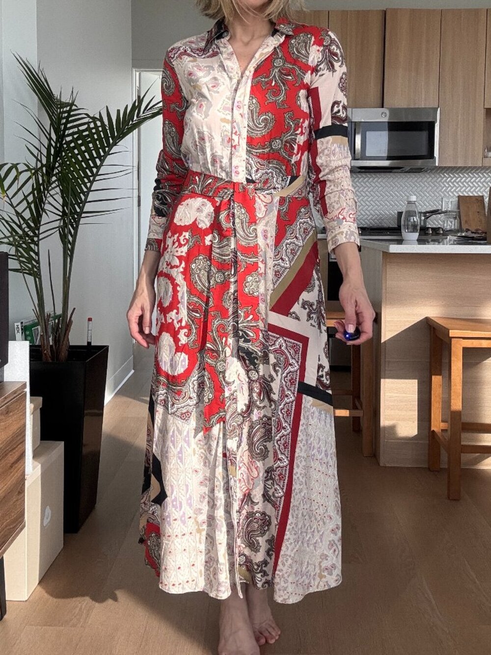 Massimo Dutti 100% Viscose Paisley Shirt Dress Belted Midi Dress Size XS